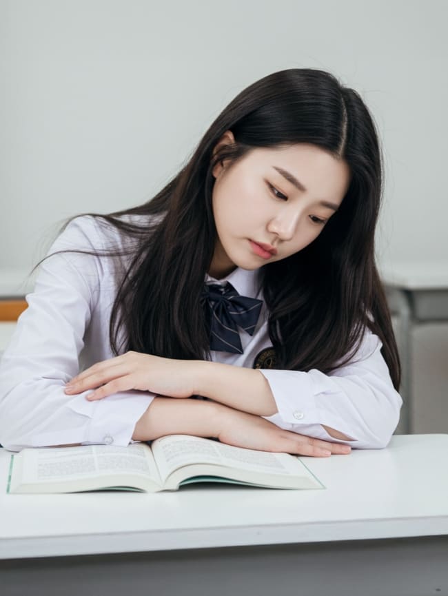 공부하다 우울한 표정 하고 있는 학생